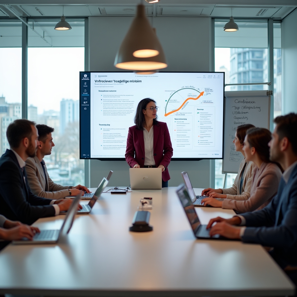 Manager prezentând un program de formare digitală echipei sale